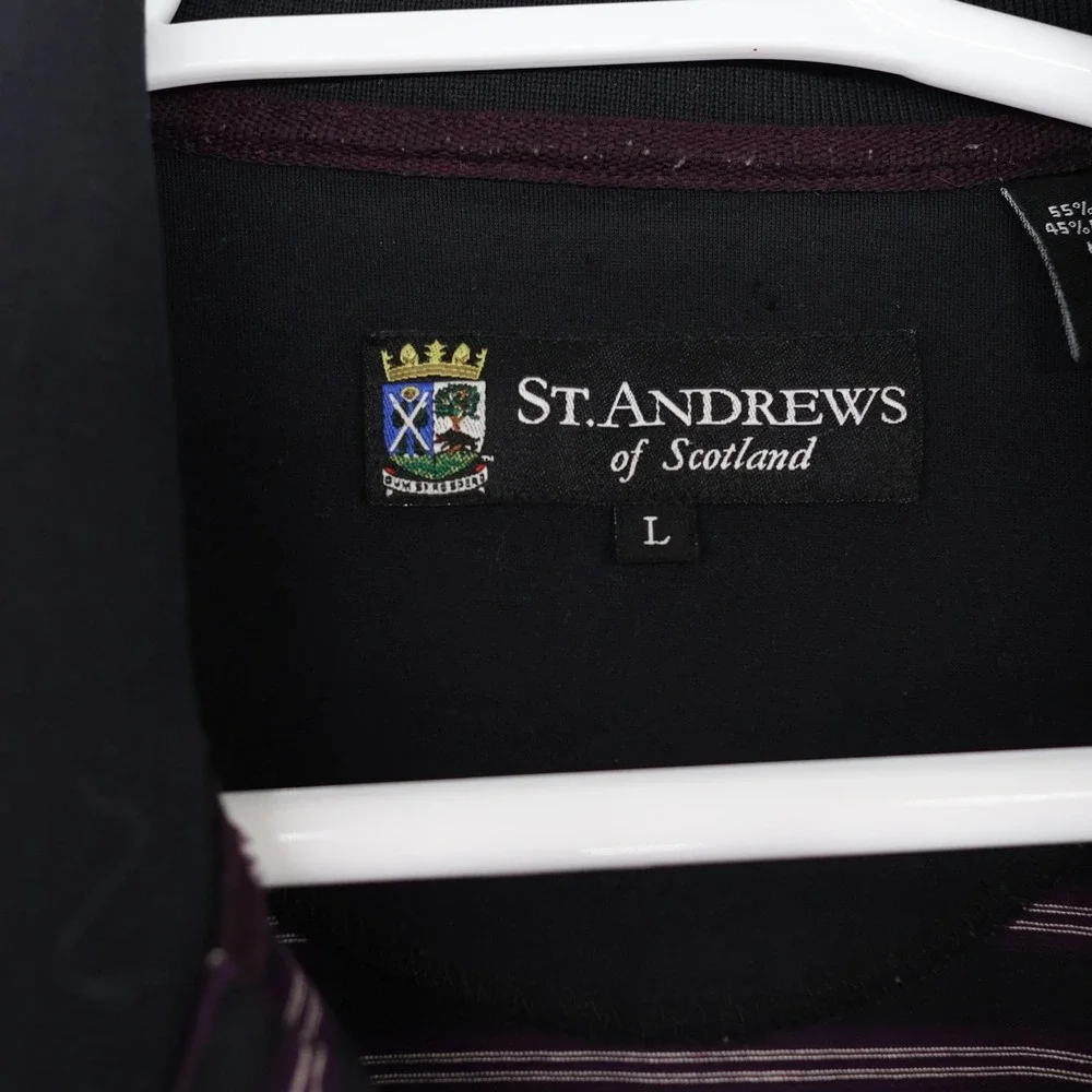 St Andrews of Scotland Mens Large Polo Shirt Purple Black Striped Short‎ Sleeve